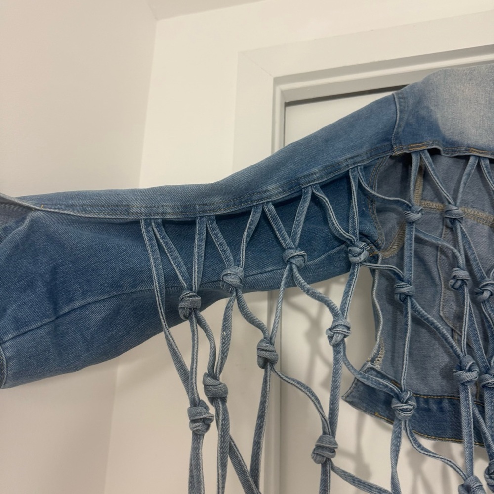 Cropped Denim Fringe Jean Jacket Back Hollow Out Knotted Tassel Distressed XXL - Picture 14 of 14